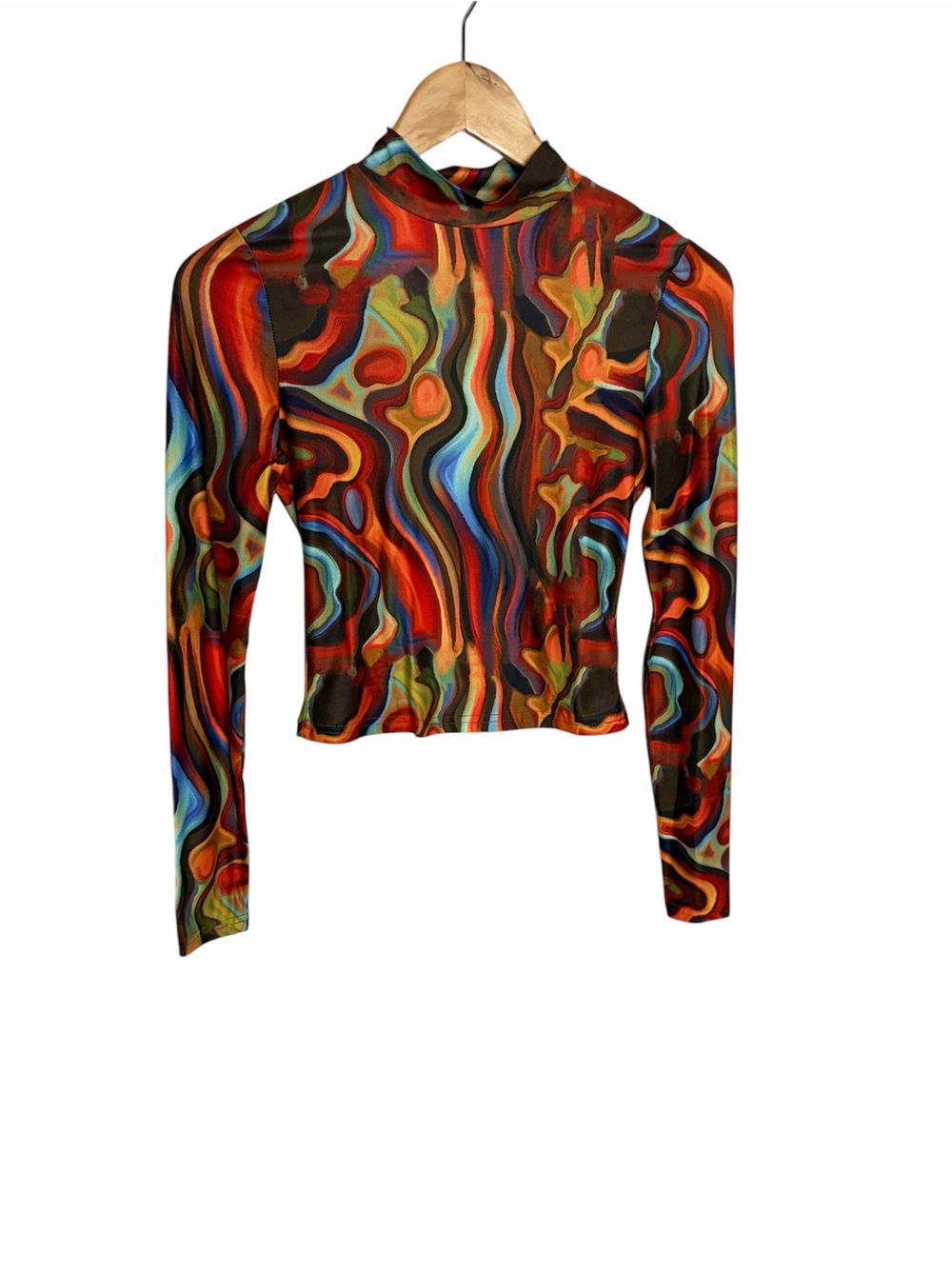 Mock neck abstract oil spill long sleeve blouse size XS